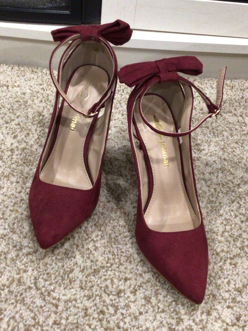 Pointed-Toe Ankle-Strap Heels with Bow Accent in Burgundy